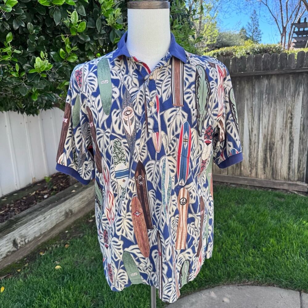 Kalaheo Hawaiian Surfboard Polo Blue Shirt Men's Size Medium *Flaws*